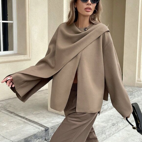 Khaki Casual Women's Solid Button Long Sleeve Jacket - Picture 1 of 6